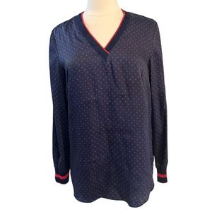 LAUREN RALPH LAUREN Striped Trim Polka Dot Print V-neck Tunic Top M